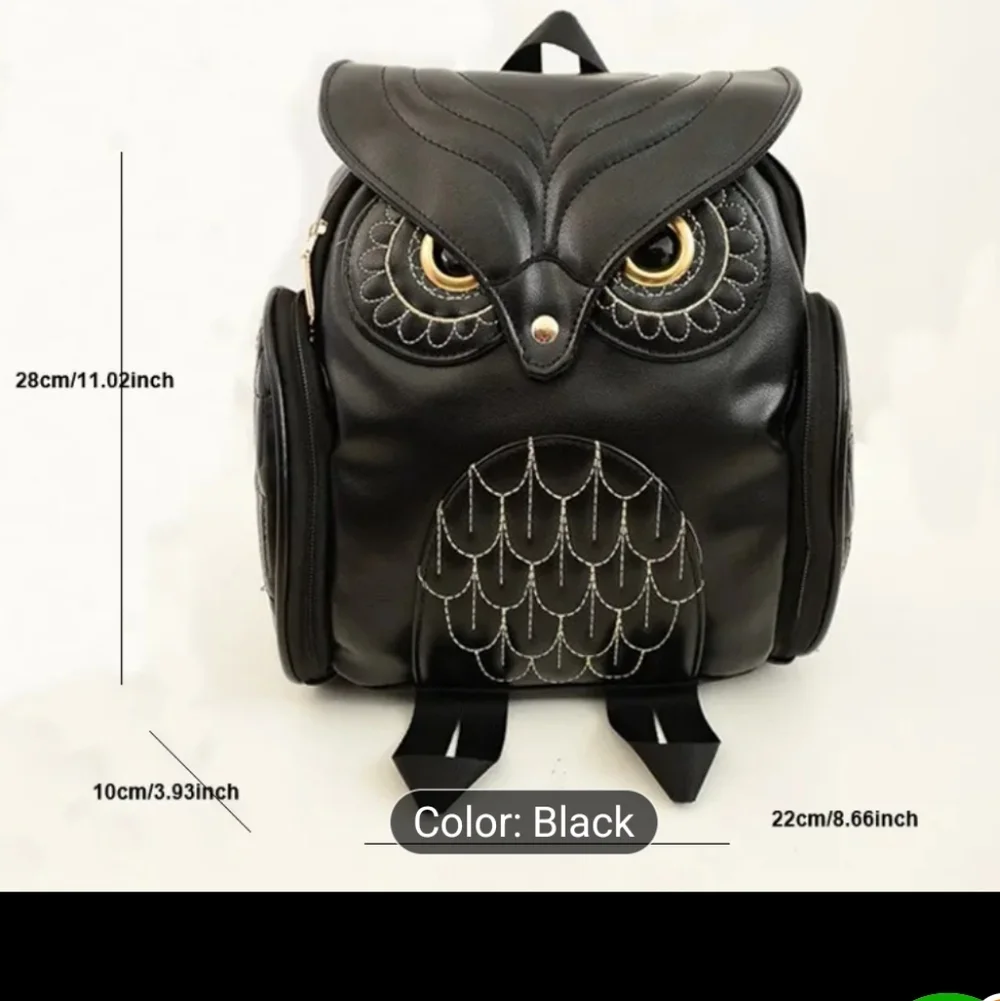 Black Owl-Design Faux Leather Unisex Backpack